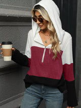 Color Block Half Zip Hooded Top - Trendsi - Flyclothing LLC