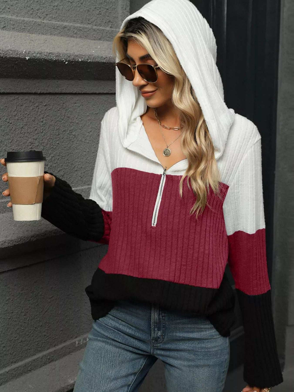 Color Block Half Zip Hooded Top - Trendsi - Flyclothing LLC