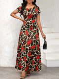 Printed Round Neck Short Sleeve Maxi Tee Dress - Trendsi