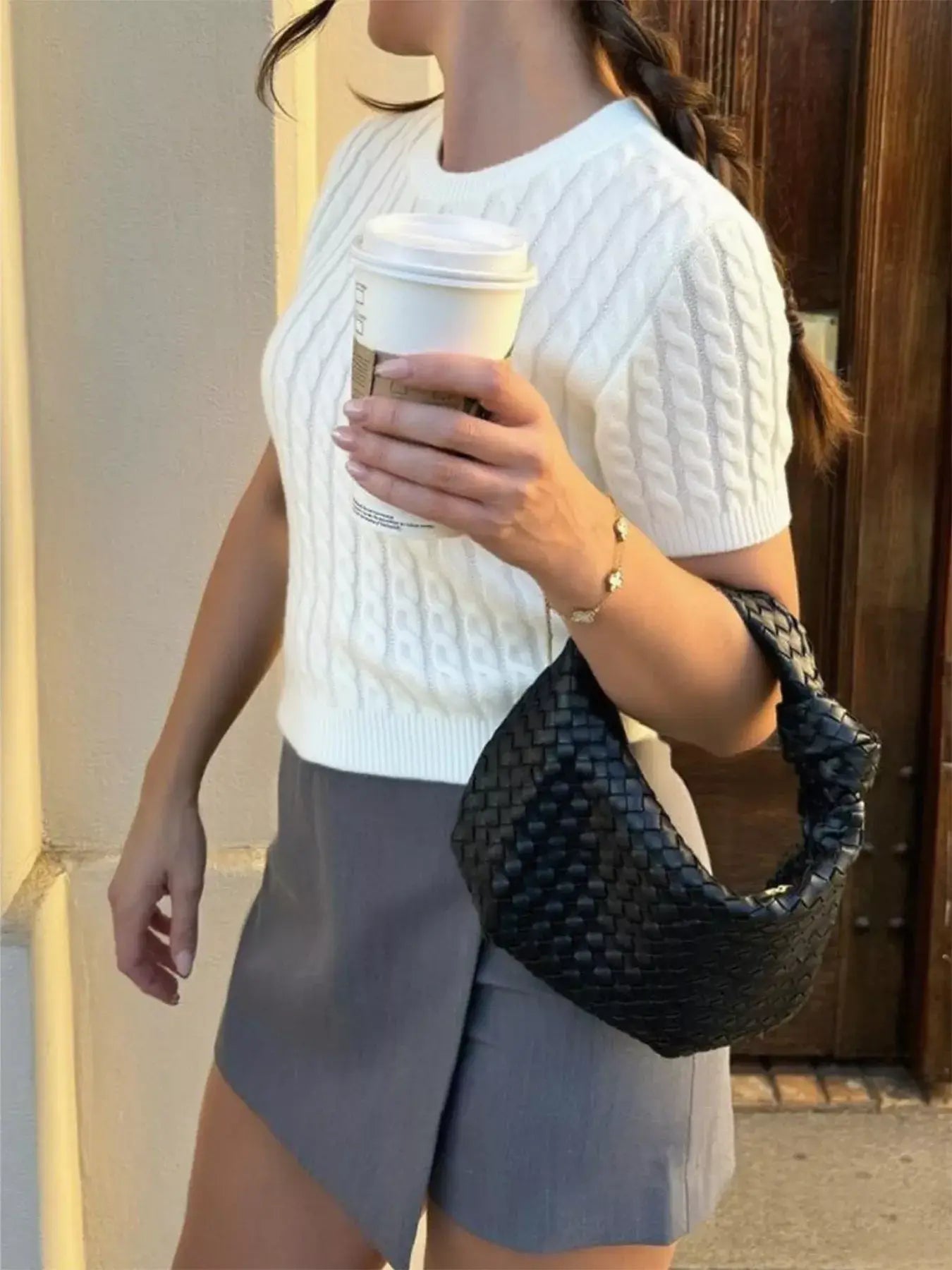 Cable-Knit Short Sleeve Sweater - Trendsi - Flyclothing LLC