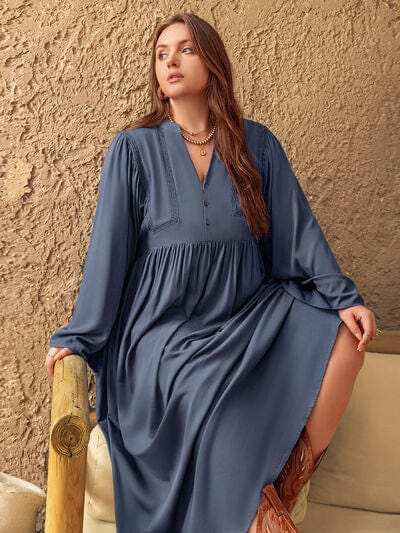 Plus Size Lace Detail Notched Long Sleeve Midi Dress - Trendsi - Flyclothing LLC