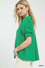 Umgee Seersucker Puff Sleeve Blouse - Trendsi - Flyclothing LLC
