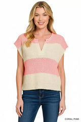 Zenana Split Neck Sleeveless Stripe Sweater - Trendsi - Flyclothing LLC