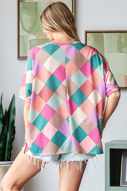 HOPELY Full Size Multi Colored Argyle Side Slit T-Shirt - Trendsi