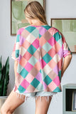 HOPELY Full Size Multi Colored Argyle Side Slit T-Shirt - Trendsi - Flyclothing LLC