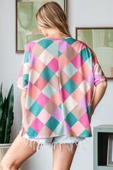 HOPELY Full Size Multi Colored Argyle Side Slit T-Shirt - Trendsi
