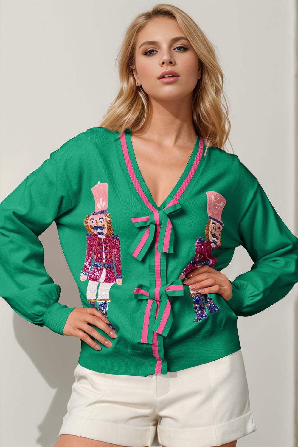 Double Take Full Size Nutcracker Sequin Bow Decor Cardigan - Trendsi - Flyclothing LLC