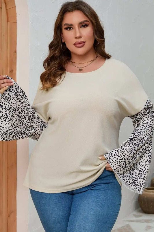 Plus Size Leopard Round Neck Long Sleeve Top - Trendsi - Flyclothing LLC