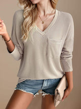 Double Take Pocketed Textured V-Neck Long Sleeve T-Shirt - Trendsi - Flyclothing LLC