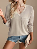 Double Take Pocketed Textured V-Neck Long Sleeve T-Shirt - Trendsi