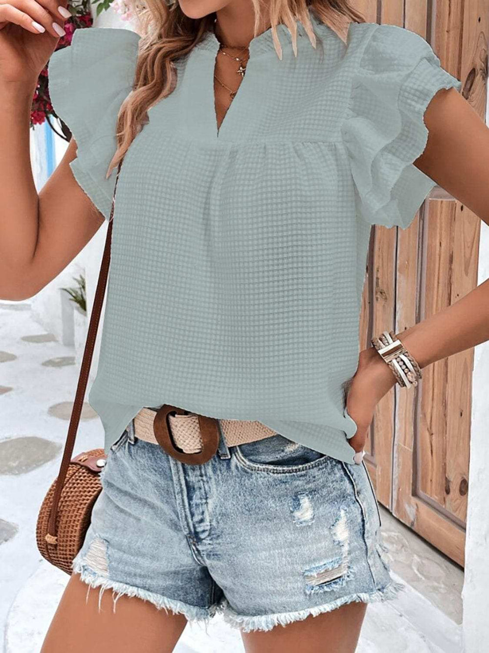 Ruffled Notched Cap Sleeve Blouse - Trendsi - Flyclothing LLC