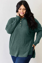 Basic Bae Full Size Ribbed Half Button Long Sleeve High-Low T-Shirt - ShopBasicbae - Flyclothing LLC