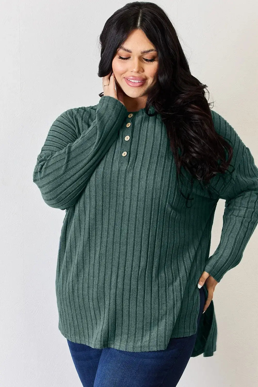 Basic Bae Full Size Ribbed Half Button Long Sleeve High-Low T-Shirt - ShopBasicbae - Flyclothing LLC