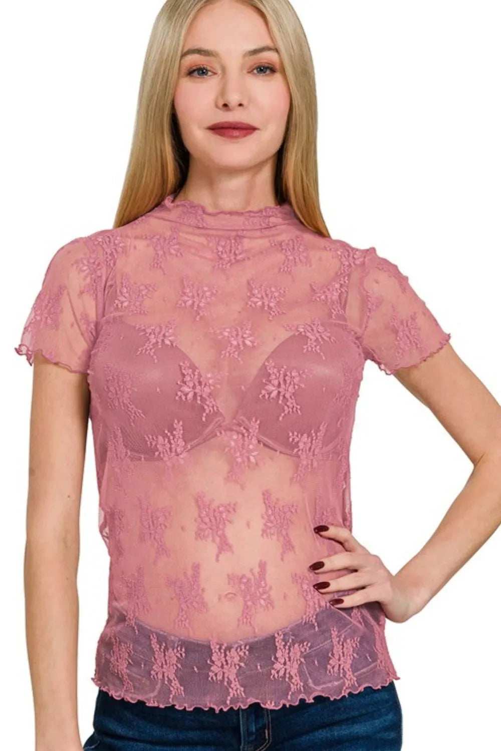 Zenana Lace See-through Layering Short Sleeve Top - Trendsi - Flyclothing LLC
