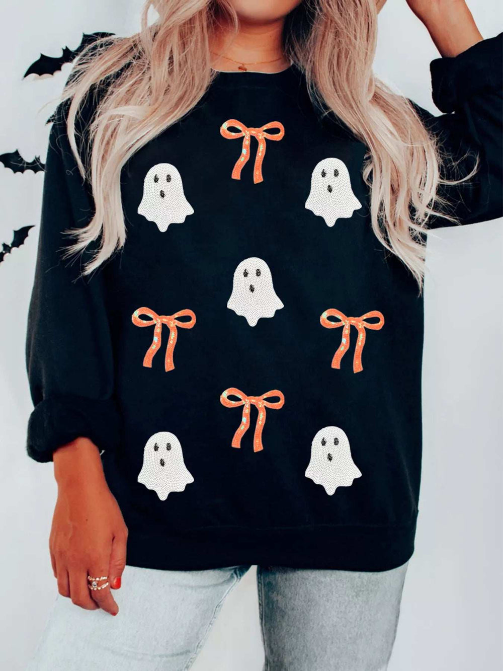 Halloween Ghost Bow Sequin Patched Drop Shoulder Sweatshirt - Trendsi - Flyclothing LLC