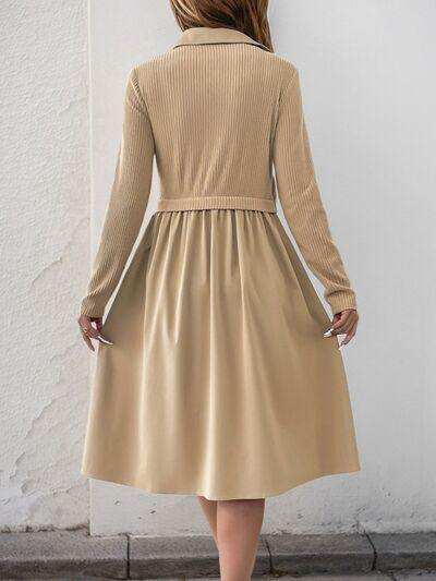 Perfee Fake Two Piece Collared Neck Long Sleeve Midi Dress - Trendsi - Flyclothing LLC