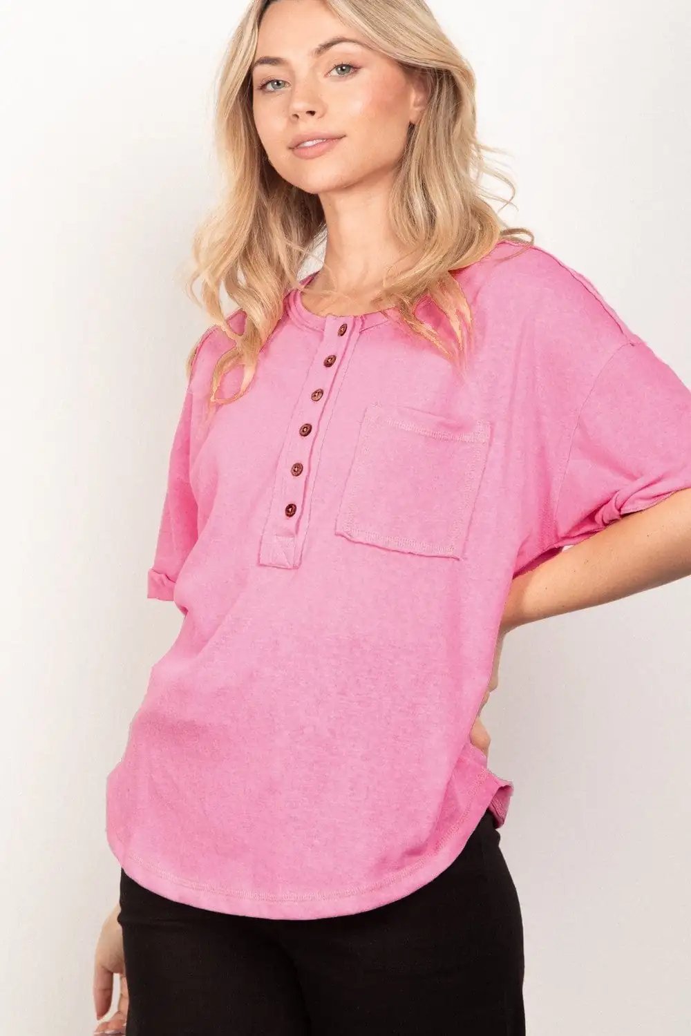 VERY J Twisted Sleeve Band Half Button Top - Trendsi