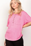 VERY J Twisted Sleeve Band Half Button Top - Trendsi