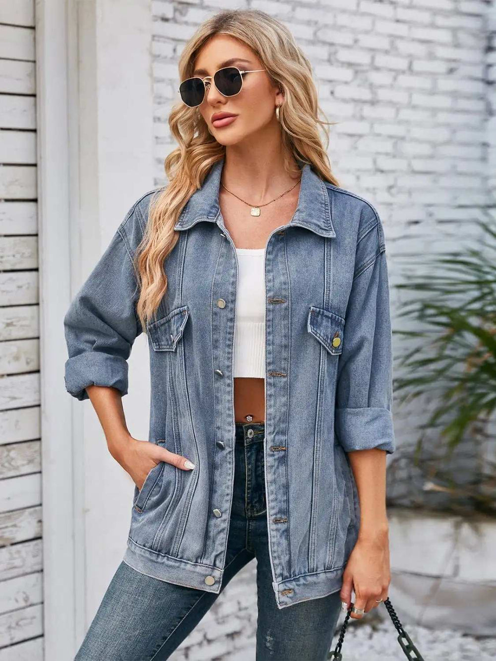 Button Up Long Sleeve Denim Jacket - Trendsi - Flyclothing LLC