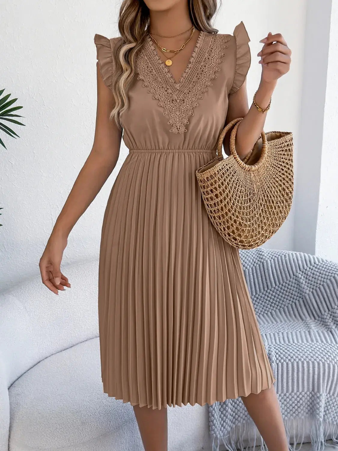 Lace Detail Ruffled Cap Sleeve Pleated Dress - Trendsi - Flyclothing LLC
