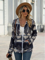 Geometric Zip Up Long Sleeve Hooded Jacket - Trendsi - Flyclothing LLC