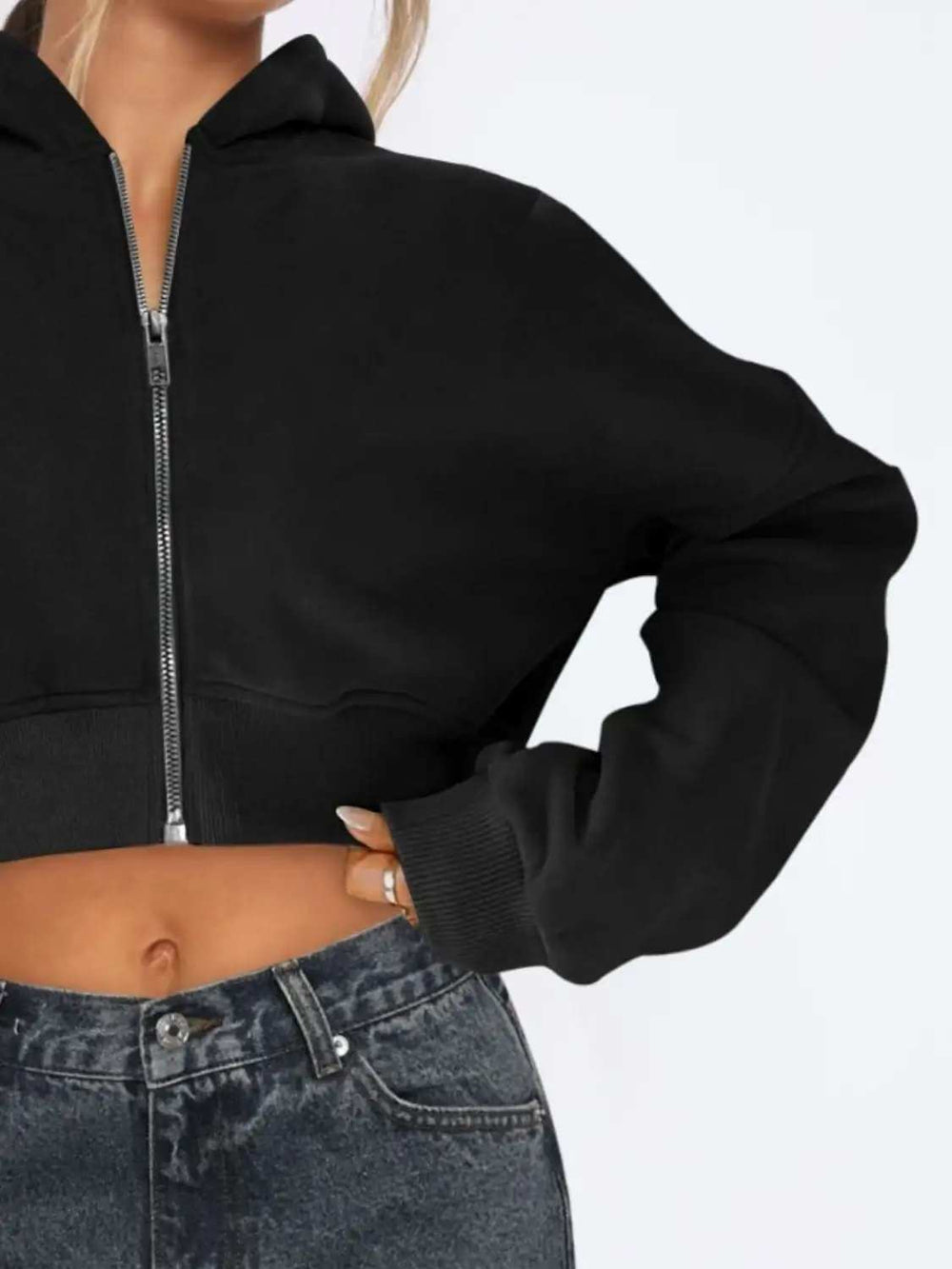 Zip Up Long Sleeve Hooded Cropped Jacket - Trendsi - Flyclothing LLC