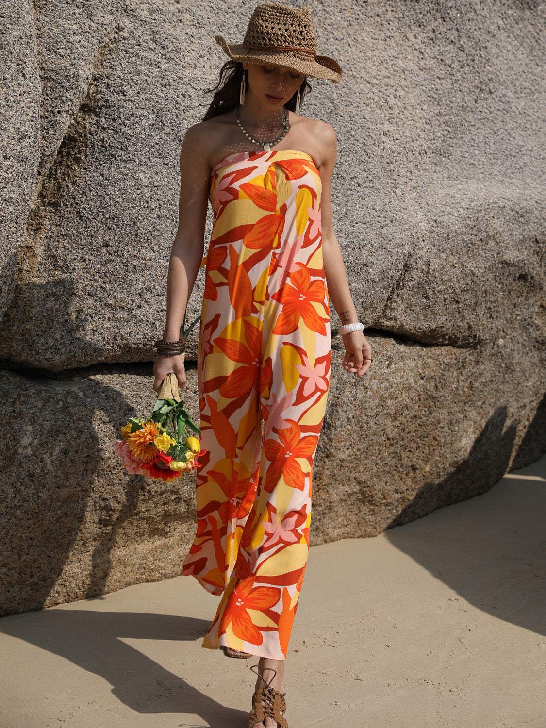 Tied Printed Tube Wide Leg Jumpsuit - Trendsi - Flyclothing LLC