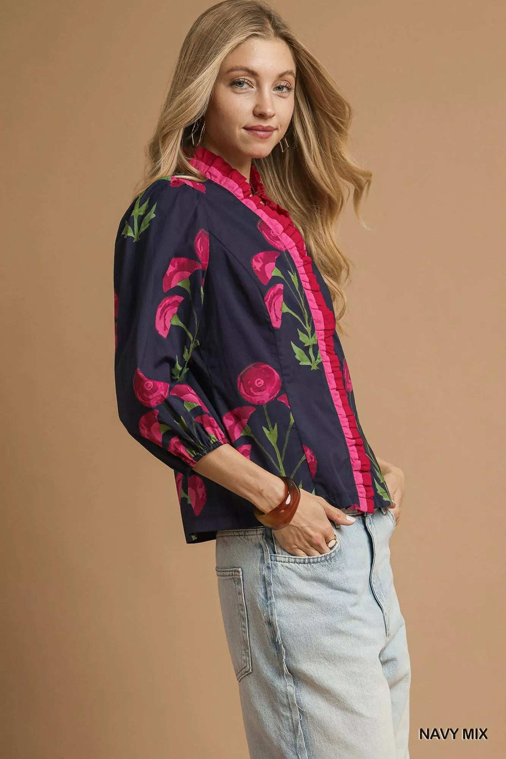Umgee Floral Print Ruffle Trim Puff Sleeve Blouse - Trendsi - Flyclothing LLC