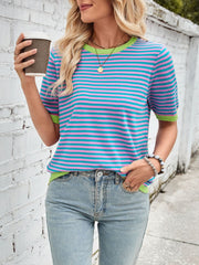 Lovelet Striped Contrast Round Neck Half Sleeve Knit Top - Trendsi