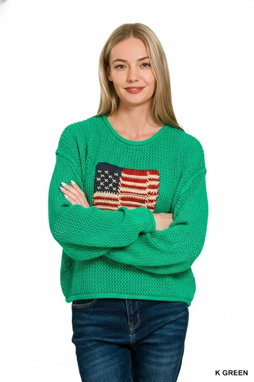 Zenana American Flag Crew Neck Sweater - Trendsi - Flyclothing LLC