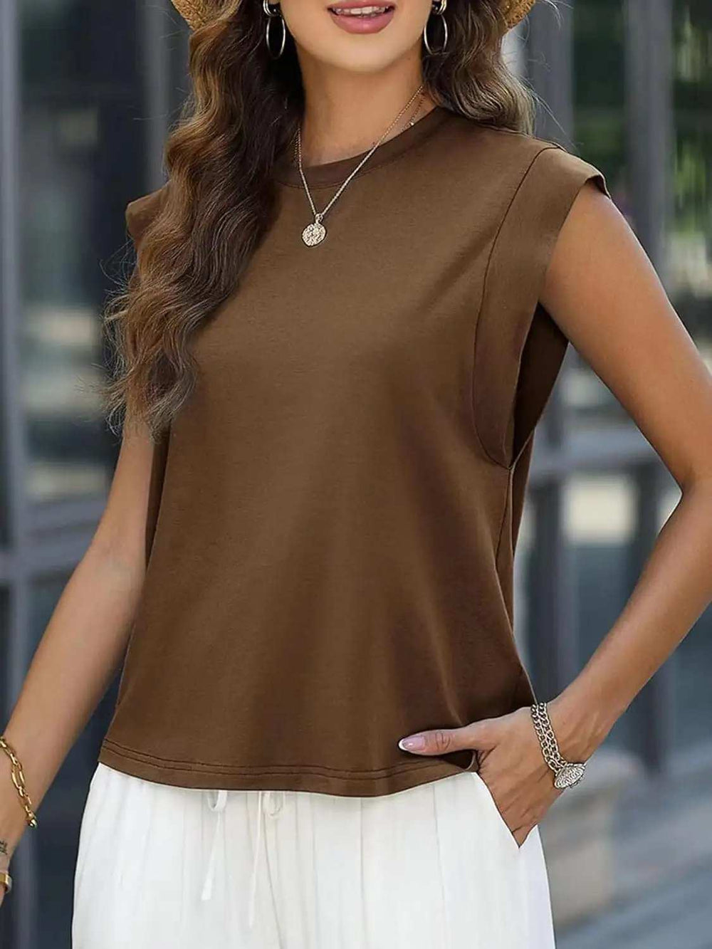Florira Round Neck Cap Sleeve T-Shirt - Trendsi - Flyclothing LLC