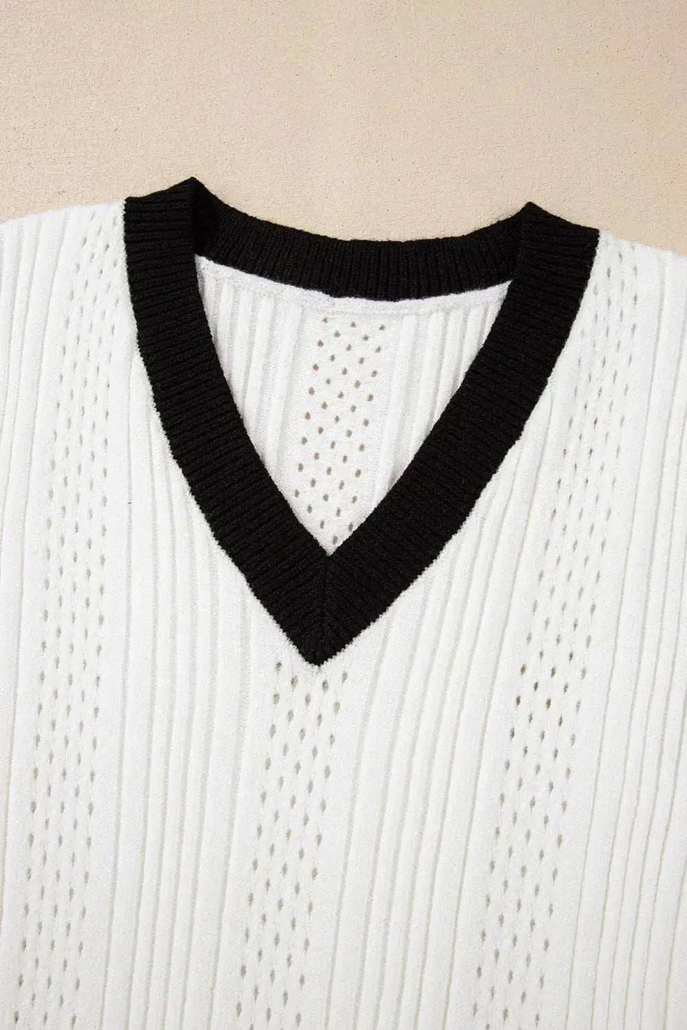 Contrast Trim Eyelet Knit V Neck Sweater Vest - Trendsi - Flyclothing LLC
