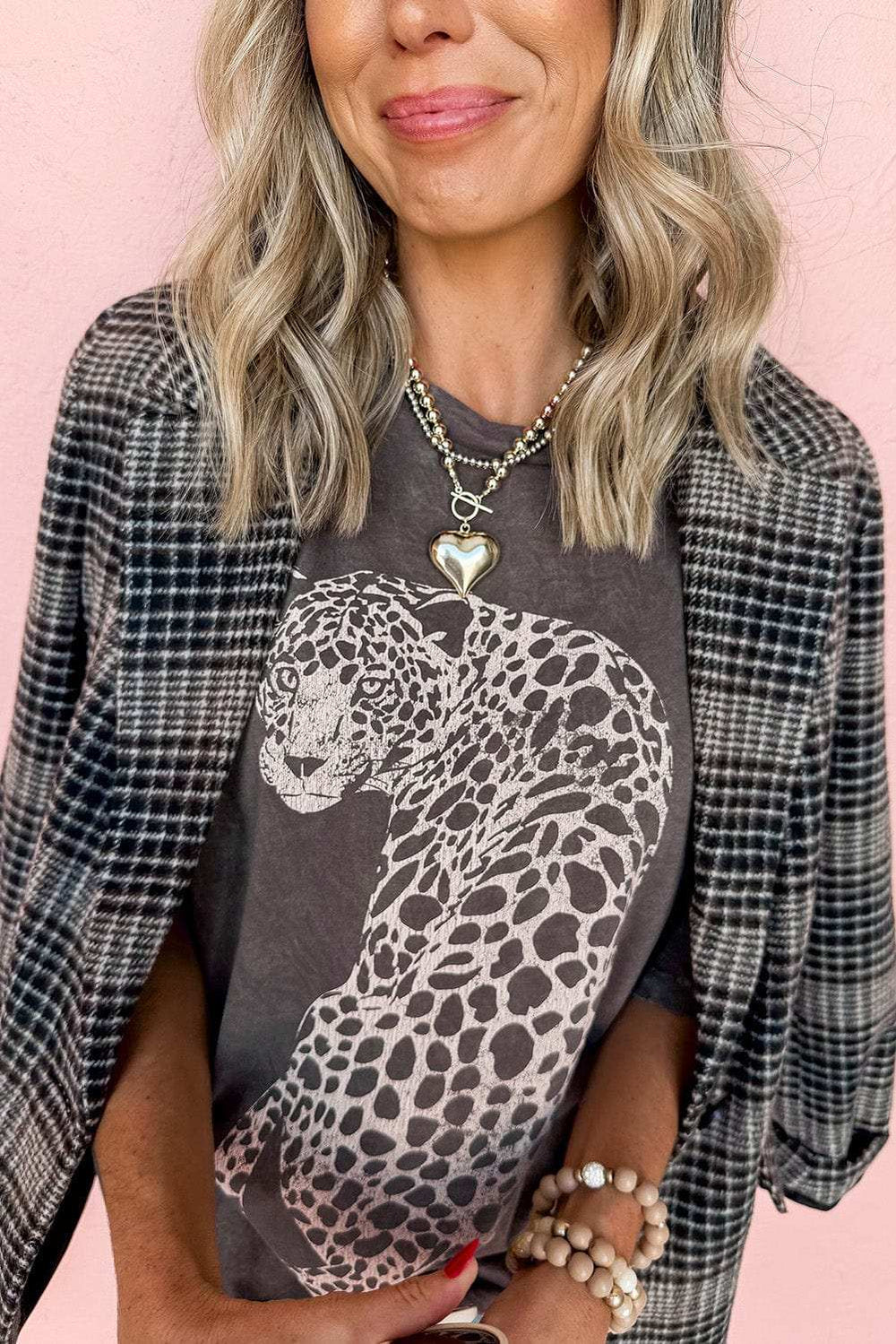 Cheetah Mineral Wash Round Neck Half Sleeve T-Shirt - Trendsi - Flyclothing LLC