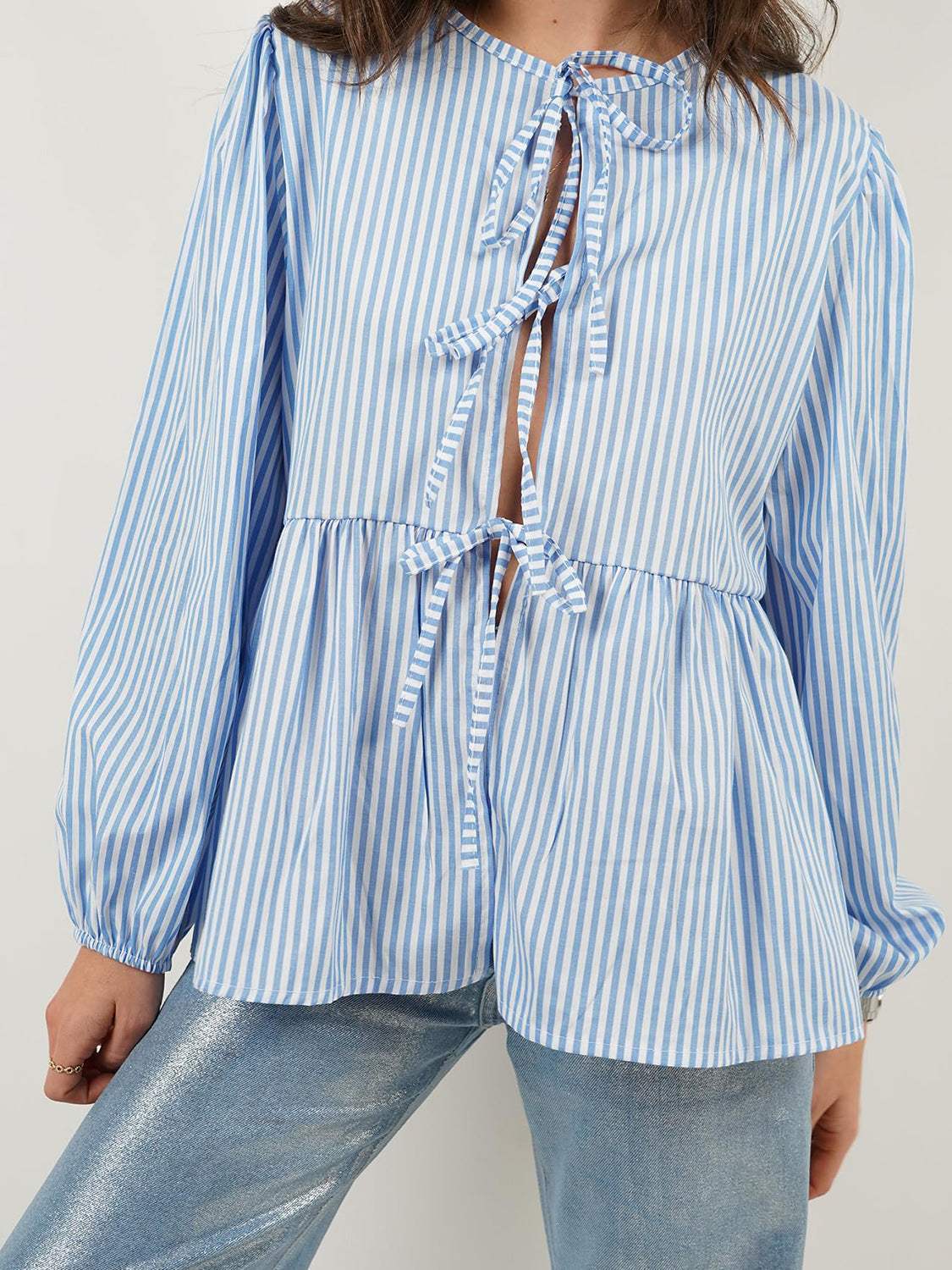 Tied Round Neck Long Sleeve Blouse - Trendsi - Flyclothing LLC