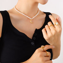 Pearl Titanium Steel Moon Shape Pendant Necklace - Trendsi