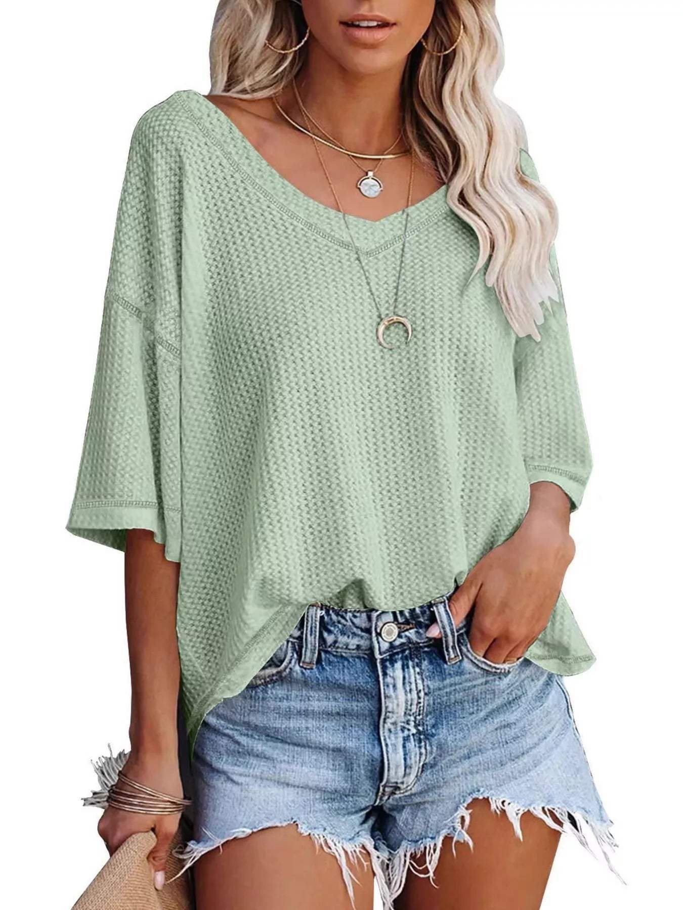 Waffle Knit V-Neck Short Sleeve T-Shirt - Trendsi - Flyclothing LLC
