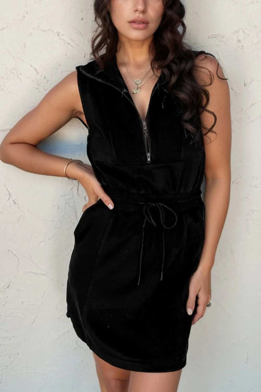 French Terry Zipped Collar Sleeveless Drawstring Waist Mini Dress - Trendsi - Flyclothing LLC