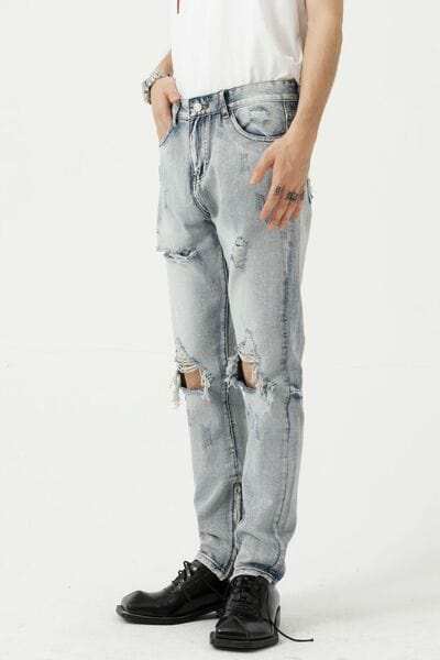 Distressed Side Zip Jeans with Pockets - Trendsi - Flyclothing LLC