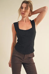 Aemi + Co Exposed Seam Ribbed Wide Strap Tank - Trendsi - Flyclothing LLC