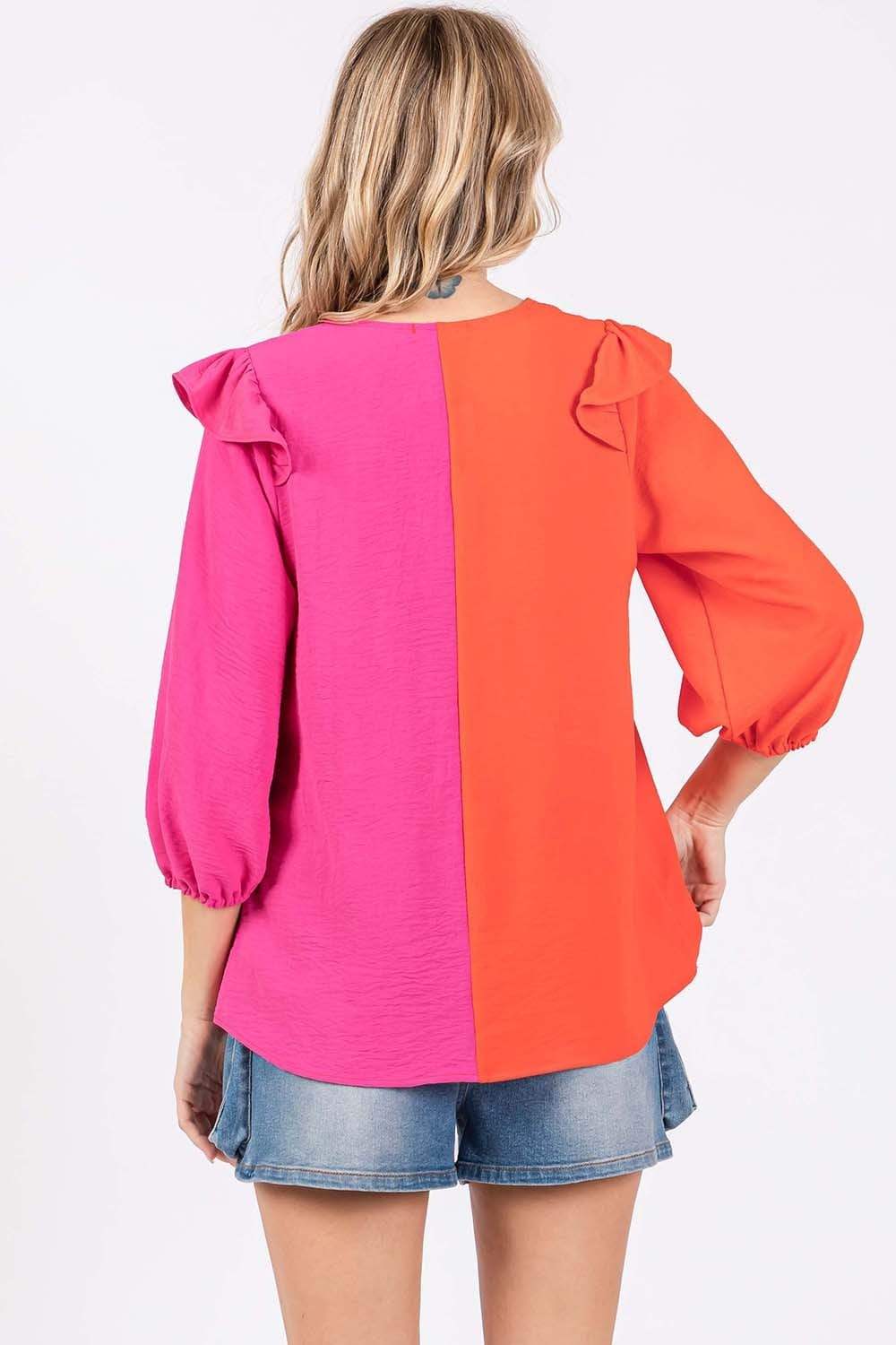 GeeGee Full Size Ruffle Trim Contrast Blouse - Trendsi - Flyclothing LLC