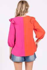 GeeGee Full Size Ruffle Trim Contrast Blouse - Trendsi - Flyclothing LLC