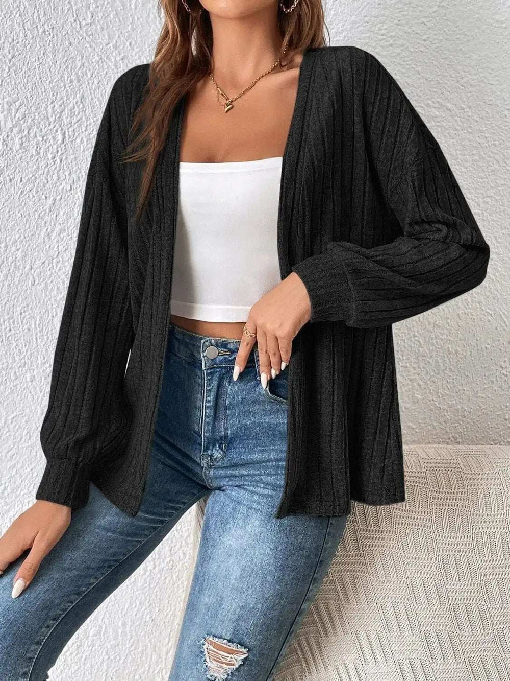 Open Front Long Sleeve Cardigan - Trendsi - Flyclothing LLC