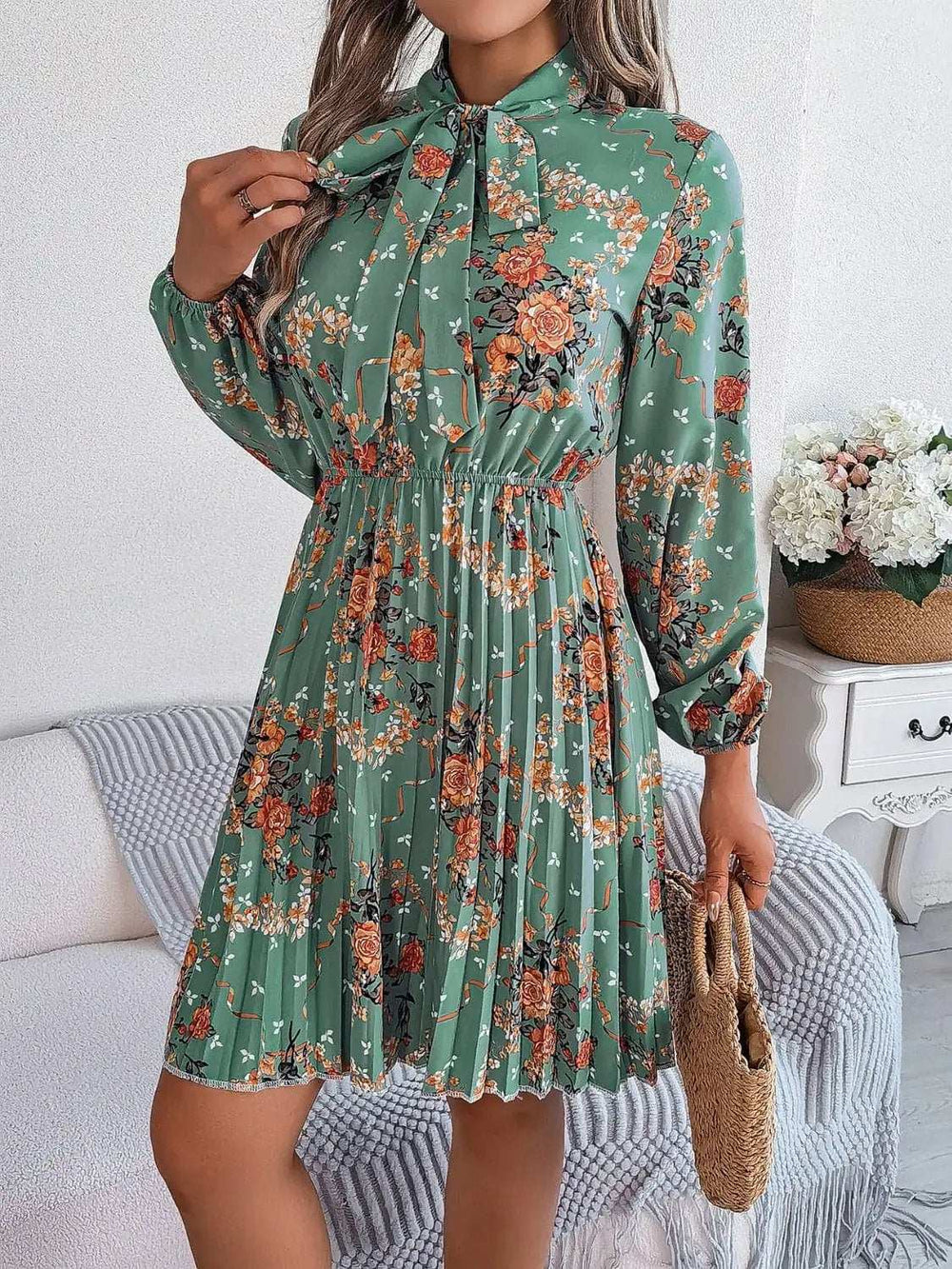 Pleated Printed Tie Neck Long Sleeve Dress - Trendsi - Flyclothing LLC