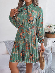 Pleated Printed Tie Neck Long Sleeve Dress - Trendsi