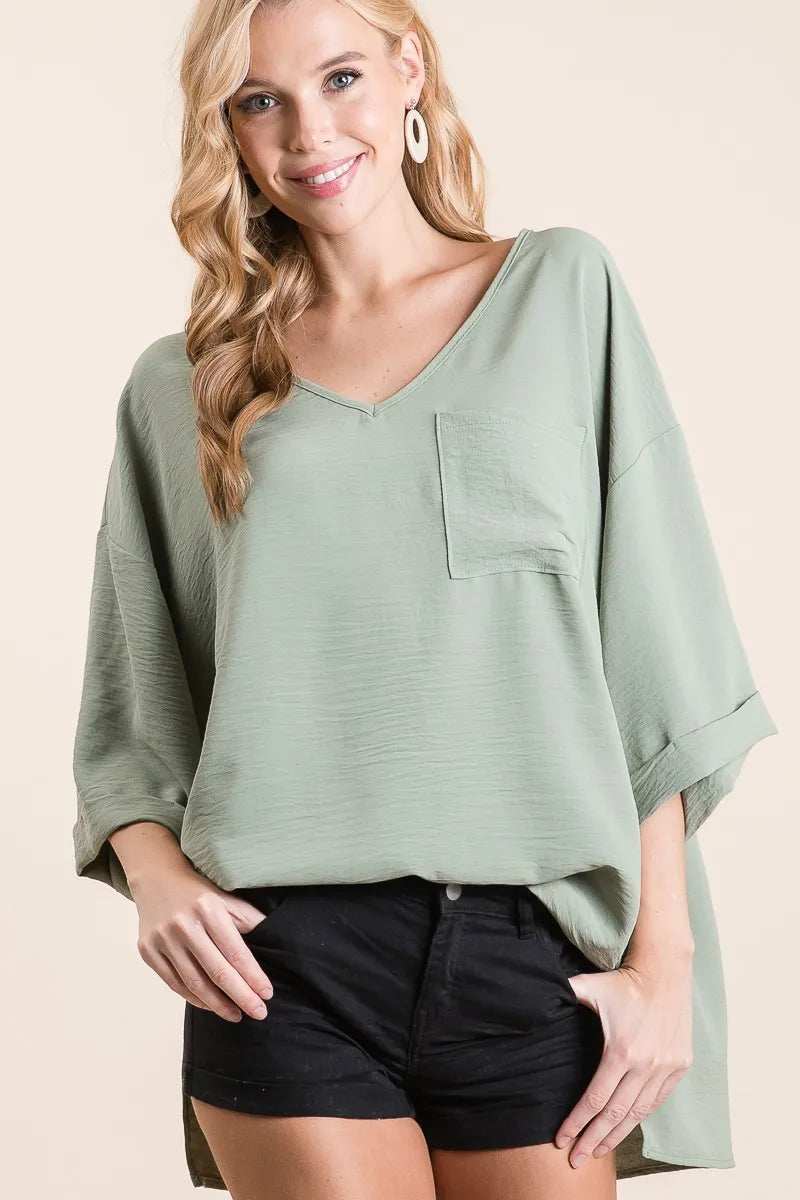 BiBi Flowy Woven V-Neck Top with Rolled Up Cuffs - Trendsi - Flyclothing LLC