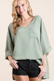 BiBi Flowy Woven V-Neck Top with Rolled Up Cuffs - Trendsi - Flyclothing LLC