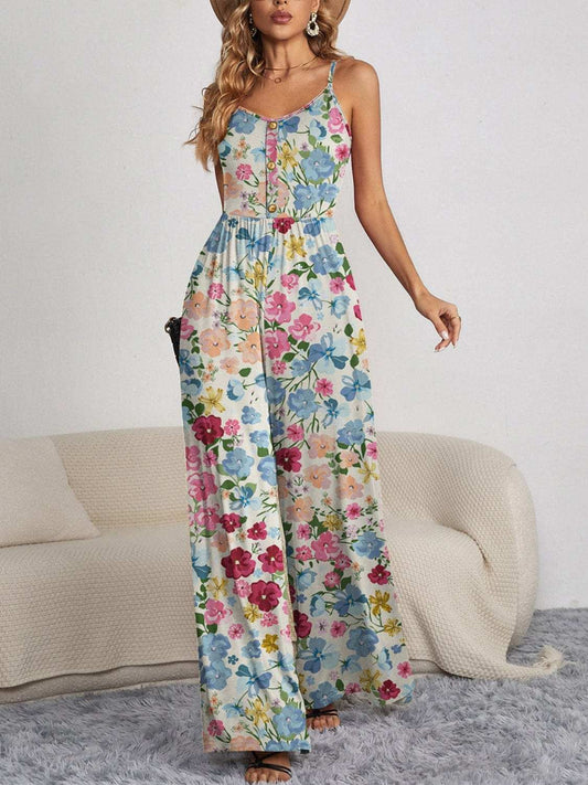 Decorative Button Spaghetti Strap Wide Leg Jumpsuit - Trendsi - Flyclothing LLC