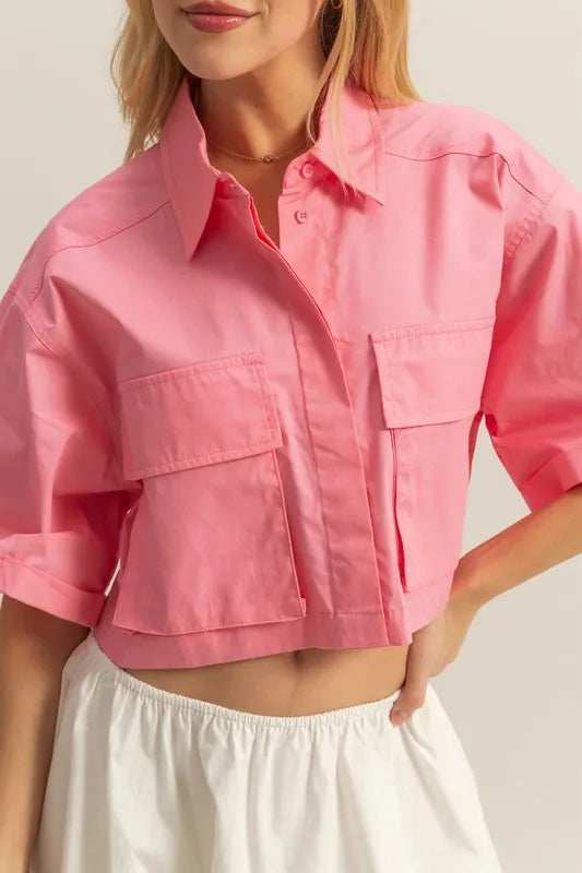 HYFVE Front Pockets Poplin Collared Neck Crop Shirt - Trendsi - Flyclothing LLC