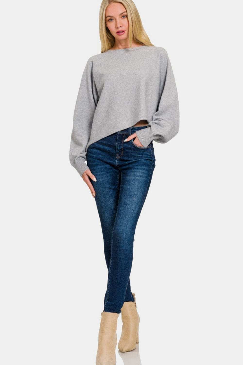 Zenana Asymmetric Hem Long Sleeve Sweater - Trendsi - Flyclothing LLC