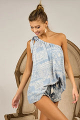 BiBi Aztec Printed Woven Tied Ribbon One Shoulder Top - Trendsi - Flyclothing LLC